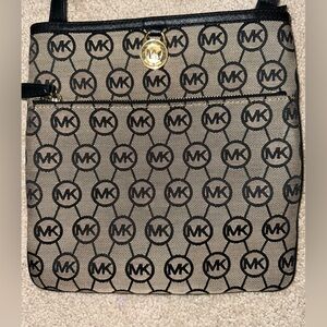Michael Kors- Brown Canvas Monogram and Leather Trim Crossbody Bag